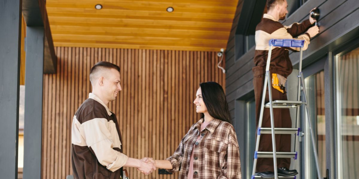 A female homeowner shaking hands with a contractor in her home